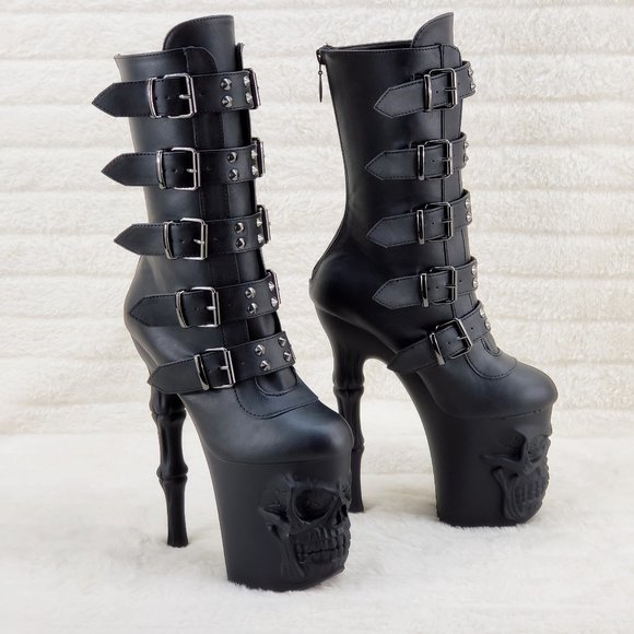Skull & Bones Platform 8" Heel Mid Calf Boots Multiple Straps Vortex - Picture 5 of 16